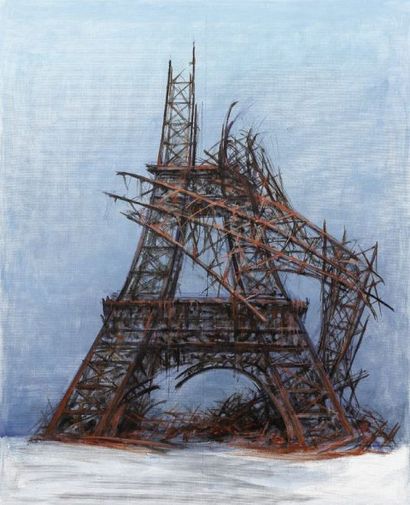 Paul MANTES (1921-2004) Paris détruit - La tour Eiffel. Huile sur carton entoilé....
