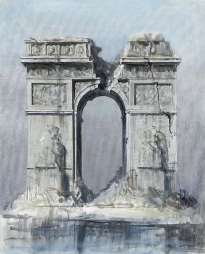 Paul MANTES (1921-2004) Paris détruit - Arc de triomphe. Huile sur carton entoilé....