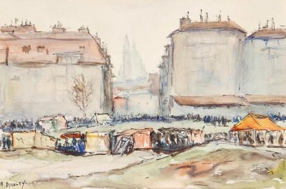 André Duculty (1912-1990) La Zone, Saint-Ouen Trois dessins à l'aquarelle. Signés...