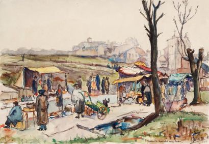 André Duculty (1912-1990) Saint-Ouen, le marché aux puces Deux dessins à l'aquarelle....