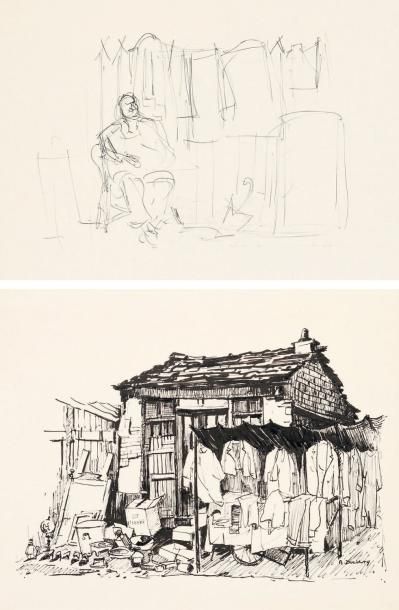 André Duculty (1912-1990) Les puces, Saint-Ouen Trois dessins à l'encre de Chine....