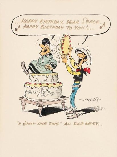 MAURICE DE BEVERE dit MORRIS (1923-2001) Lucky Luke et Ma Dalton sortant d'un gâteau,...