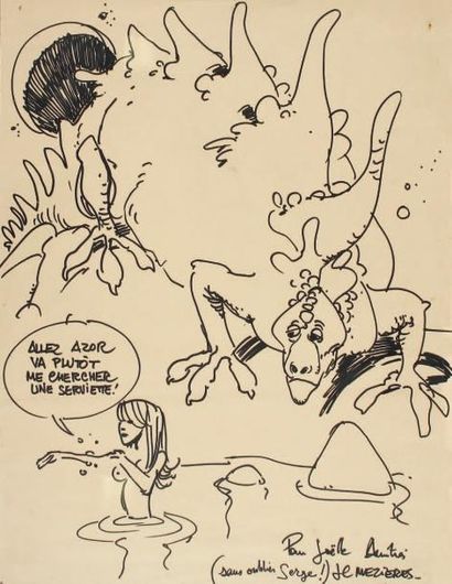 JEAN-CLAUDE MEZIERES (ne 1938) Joëlle et le dragon Azor, 1977 Feutre sur papier Canson...