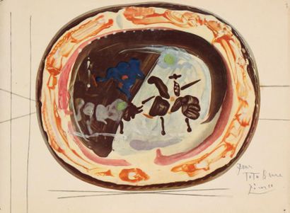 null Plat corrida, c. 1954 Collage et dessin : reproduction d'un plat de Picasso...