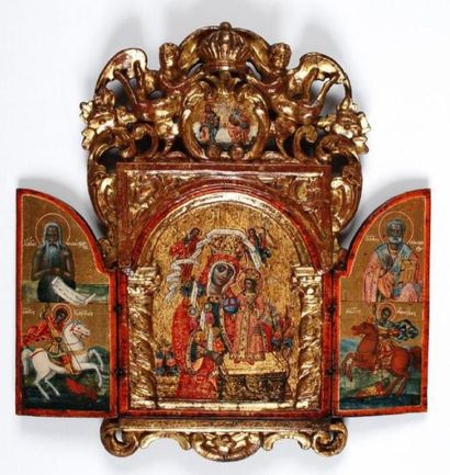 ASIE MINEURE Fin XVIIIe siècle La Vierge et l'Enfant et quatre saints Icône triptyque....