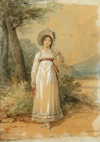 Carle VERNET (Bordeaux 1758 - Paris 1836) Portrait d'une jeune femme à la robe blanche...