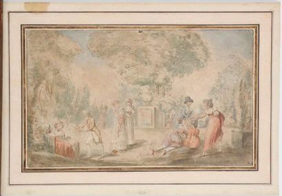 Ecole FRANCAISE vers 1800 Couples dans un parc Aquarelle et plume 19 x 29,5 cm. Monogrammée...