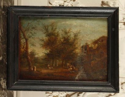 Attribué à Jan STEVENS ( ? - 1722) Bergères dans un paysage boisé Panneau. 14,5 x...