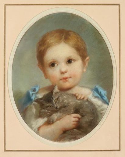 Ecole FRANCAISE vers 1900 Portrait d'un petit enfant avec un chat Pastel de forme...