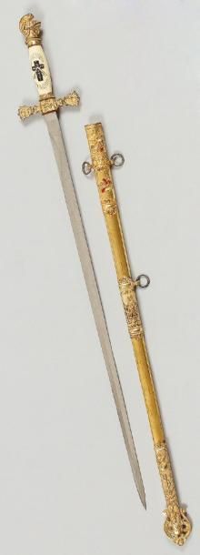 null Belle épée de Chevalier du Temple U.S. Poignée en ivoire gravé sur fond noir...