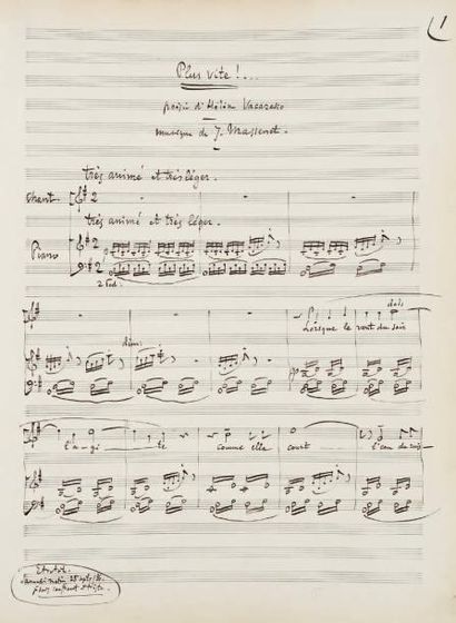 Jules MASSENET Manuscrit musical autographe signé, Plus vite !..., 1886 ; 4 pages...
