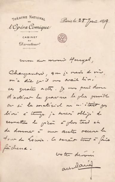 Albert CARRÉ (1852-1938) 29 L.A.S., 1895-1911, à Henri Heugel ; 36 pages in-8 ou...