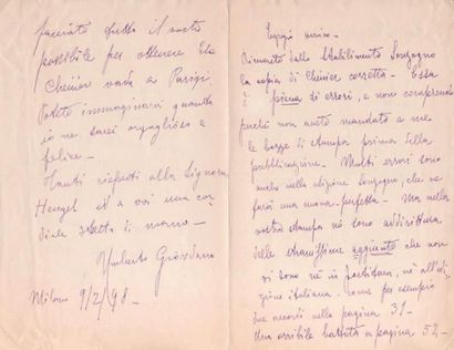 Umberto GIORDANO (1867-1948) 2 L.A.S., Milan 1897-1898, à Henri Heugel ; 7 pages...