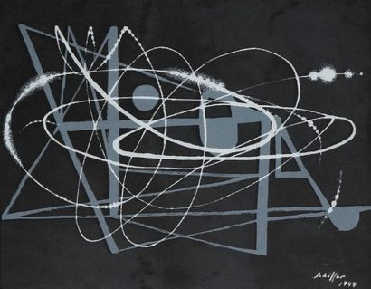 Nicolas SCHÖFFER (1912-1992) Composition abstraite, 1947 Gouache sur fond lithographique....