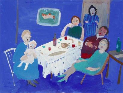 André LANSKOY (1902-1976) Famille sur fond bleu Gouache. Signée en bas à droite....