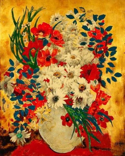 Alix AYME (1894-1989) Bouquet de fleurs Peinture laquée sur fond or sur panneau....