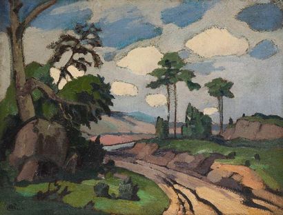 Marcel BACH (1879-1950) Paysage aux grands arbres Huile sur toile. Signée en bas...