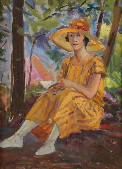 Paul BALMIGERE (1882-1953) La lecture sous les arbres Huile sur carton. Signée en...