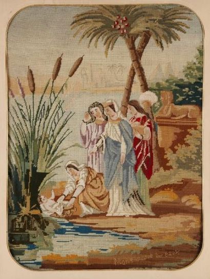 Mathilde BAYLE (XIXe siècle) Moïse sauvé des eaux, 1866 Tapisserie au petit point....