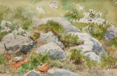 Rosa BONHEUR (1822-1899) Rochers de Fontainebleau Aquarelle. Porte le timbre de la...
