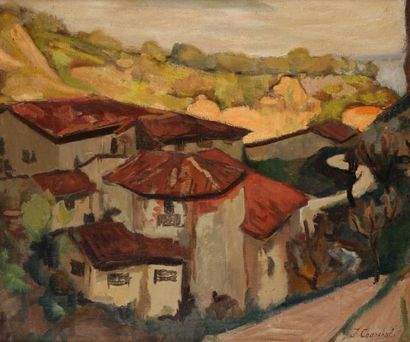 Jacques CHAPCHAL (1881-1948) Village aux toits rouges Huile sur toile. Signée en...