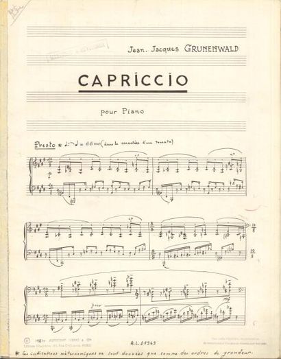 null Jean-Jacques GRUNENWALD (1911-1982) Manuscrit musical autographe signé, Capriccio...