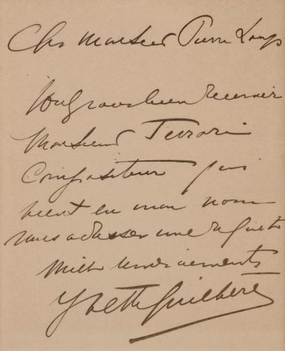 null Yvette GUILBERT (1867-1944) LAS, à Pierre Louÿs ; 1 page in-12 (encadrée)
 « Voulez-vous...