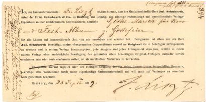 null Franz LISZT (1811-1886) PS, Hamburg 28 septembre 1849 ; 1 page oblong in-8 en...