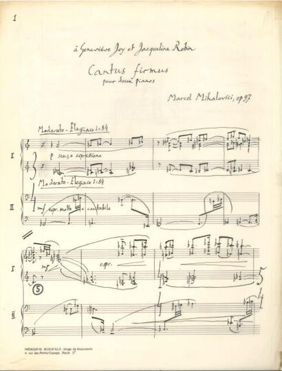 null Marcel MIHALOVICI Manuscrit musical autographe signé, Cantus firmus pour deux...