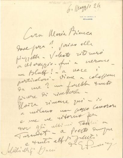 null Giacomo PUCCINI LAS, Milano 6 mai 1924, à Maria Bianca Ginori ; 1 page in-4,...