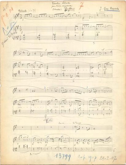 null Joseph Guy ROPARTZ (1864-1955) Manuscrit musical autographe signé, Vocalise-Étude...