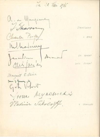null Igor STRAWINSKY Signature autographe, 22 mai 1946 ; sur 1 page in-4
 Le compositeur...