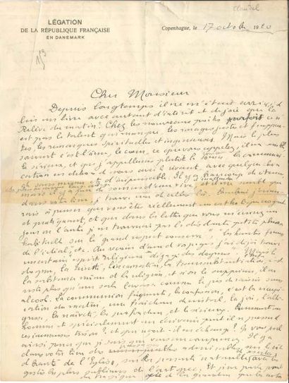 null Paul CLAUDEL (1868-1955) LAS, Copenhague 17 octobre 1920, à Henry de Montherlant ;...