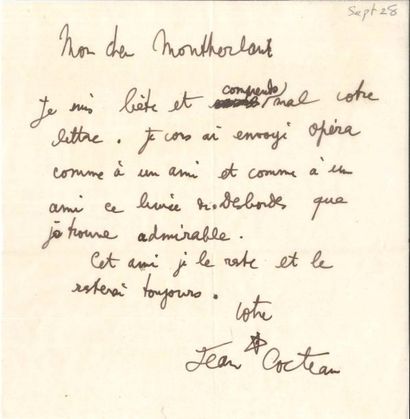 null Jean COCTEAU LAS et PAS, [1928-1955], à Henry de Montherlant ; 1 page in-8 chaque
...