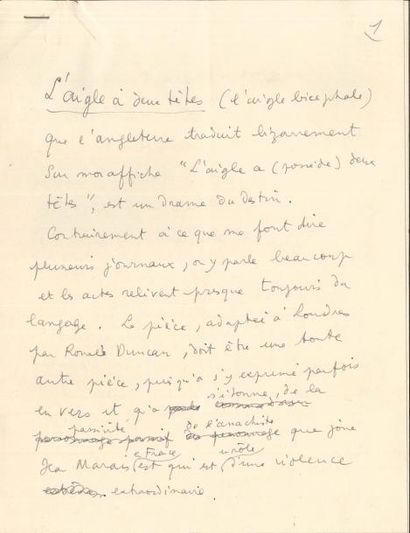 null Jean COCTEAU Manuscrit autographe signé sur L’Aigle à deux têtes, [novembre...