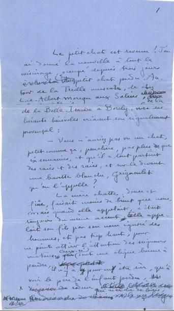 null COLETTE Manuscrit autographe signé, « Le petit chat est revenu ! » ; 7 pages...