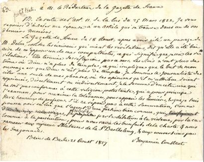 null Benjamin CONSTANT (1767-1830) LAS, Bains de Bade 21 août 1827, au rédacteur...