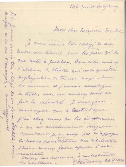 null Georges FEYDEAU (1862-1921) LAS, Paris 26 novembre 1904, à M Mendel (de la Librairie...