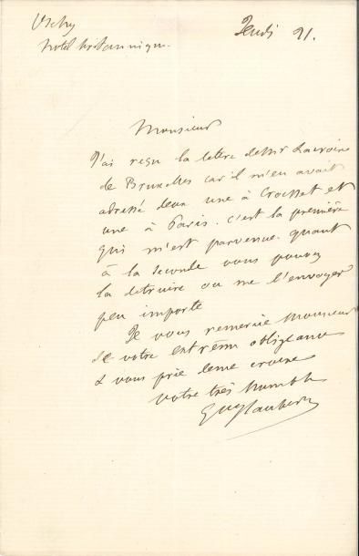 null Gustave FLAUBERT LAS, Vichy jeudi 21 [août 1862, à l’imprimeur Jules Claye] ;...