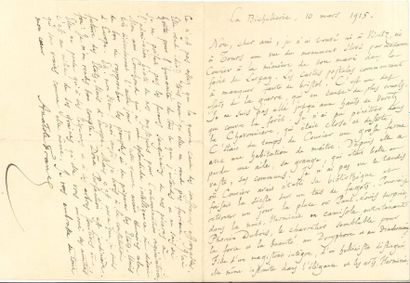 null Anatole FRANCE (1844-1924) LAS, La Béchellerie 10 mars 1915, à un ami ; 4 pages...