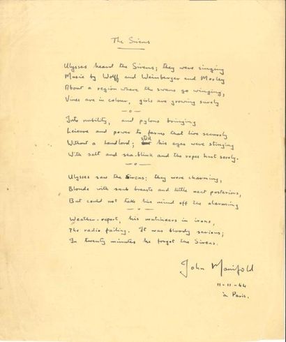 null John Manifold (1915-1985) poète et musicologue australien Poème autographe signé,...