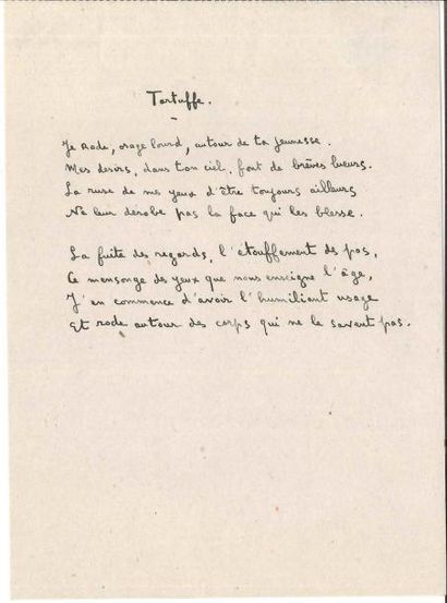null François MAURIAC Poème autographe, Tartuffe, [1922] ; demi-page in-8
 Poème...