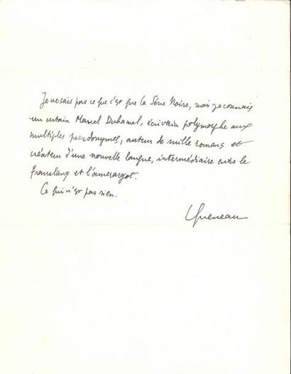 null Raymond QUENEAU (1903-1976) Manuscrit autographe signé ; demi-page in-4
 Présentation...