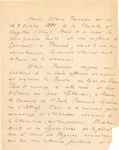 null Jacques RIVIèRE (1886-1925) Manuscrit autographe signé sur Alain-Fournier, avec...