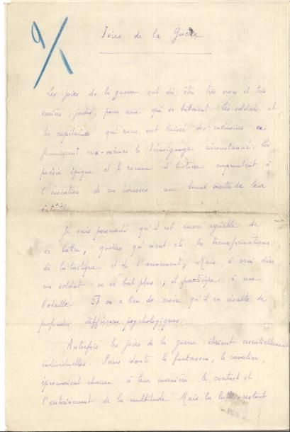 null Jules ROMAINS (1885-1972) Manuscrit autographe signé, Joies de la guerre, [octobre...