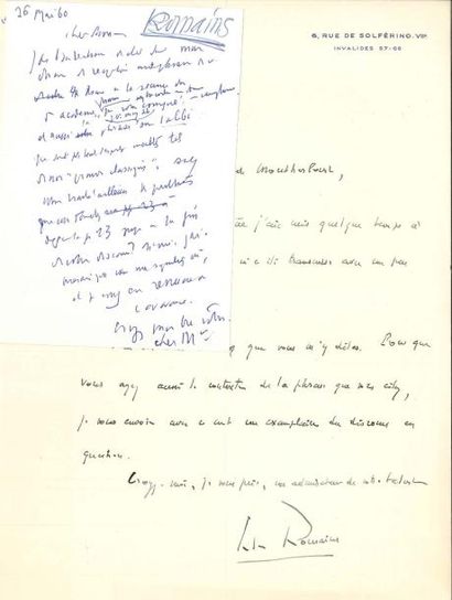 null Jules ROMAINS 2 LAS, 1953-1960, à Henry de Montherlant ; 3 pages in-4 et une...