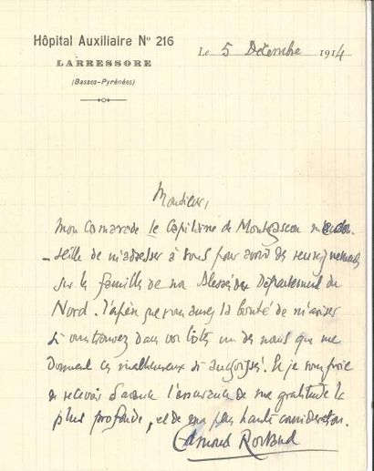 null Edmond ROSTAND LAS, Larressore 5 décembre 1914, à M Bluzet, inspecteur général...