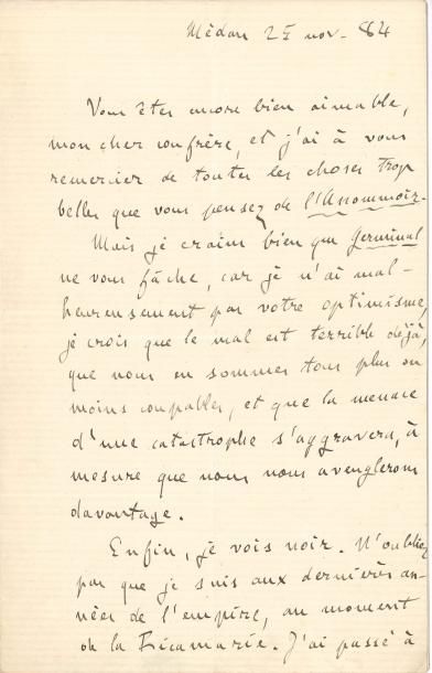 null Émile ZOLA (1840-1902) LAS, Médan 25 novembre 1884, à un confrère [Henri Fouquier] ;...