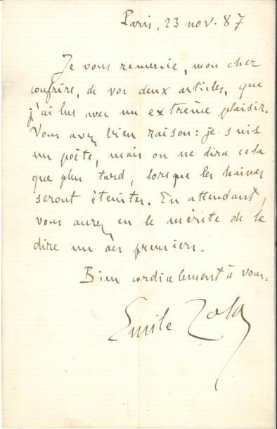 null Émile ZOLA LAS, Paris 23 novembre 1887, à Paul Cadart ; 1 page in-8, enveloppe
...
