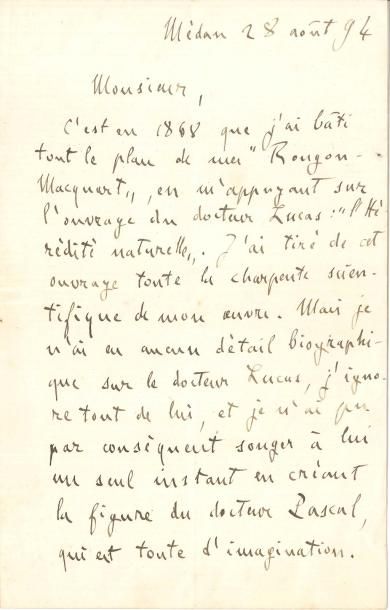 null Émile ZOLA LAS, Médan 28 août 1894, [au biologiste Lucien Cuénot] ; 1 page et...
